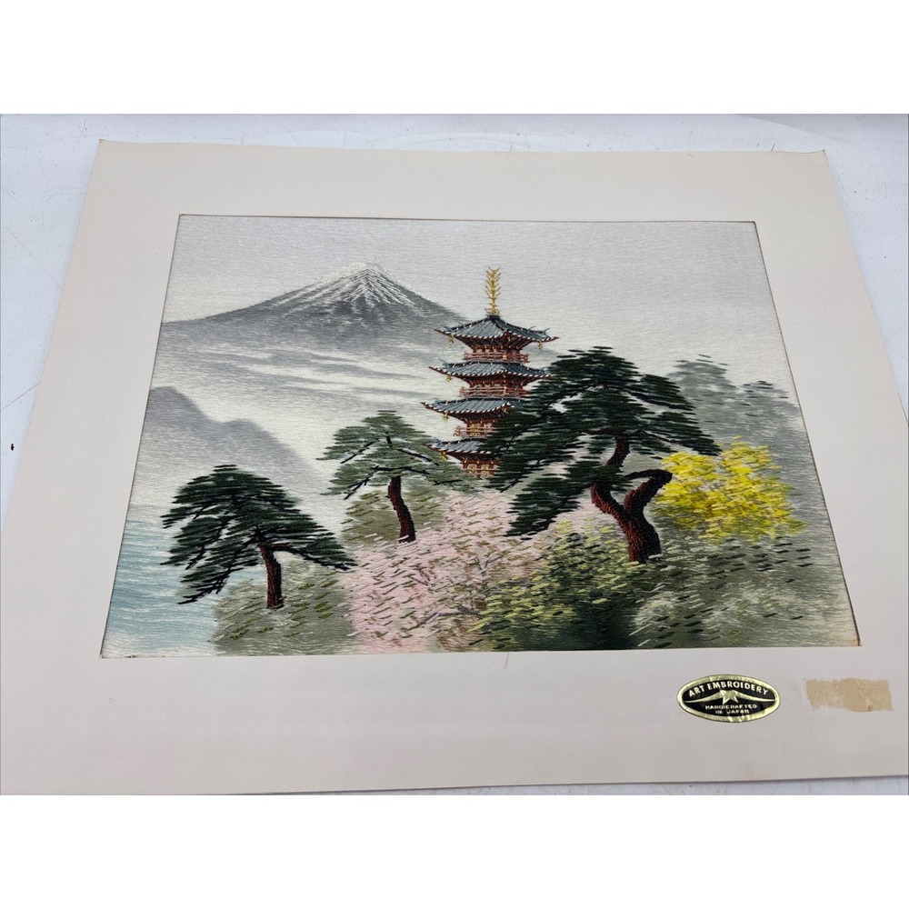 Vintage Japanese Silk Embroidery Art Landscape Pagoda Mt Fuji Gold Silver 12x9.5